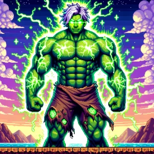 Graphic-style full-body illustration of the Incredible Hulk, sta...