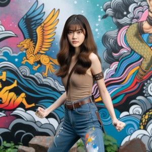 Attractive, Asian teenage girl, long brown hair and bangs, wearing tight skinny jeans and a halter top paint marks on her clothing, backside view heroic pose Asian graffiti