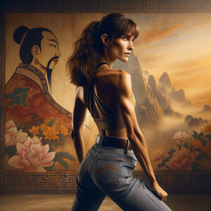 Athletic Thin skinny Attractive, Asian teenage girl, long brown hair and bangs, wearing tight skinny jeans and a halter top paint marks on her clothing, heroic pose Asian graffiti background, backside view