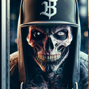 An intricately detailed Freddy Krueger, half face skull, wearing...