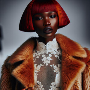 Dark in complexion model, red bob cut, caramel chinchilla coat -...