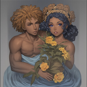 Airbrush image of a couple Holding Flowers African American woman warm honey skin, slimthick,  full lips, long lashes ,African American Fit man brown skin tone, headband, VW Volkswagen, ink wash, contrast colors, blue lake high definition 4K