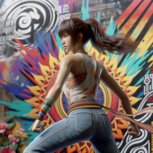 Athletic Thin skinny Attractive, Asian teenage girl, long brown hair and bangs, wearing tight skinny jeans and a halter top paint marks on her clothing, heroic pose Asian graffiti background, backside view