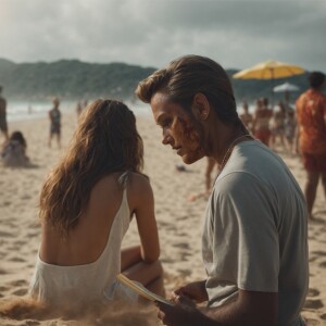Zombie discreetly blending in with spectators at a beach volleyb...