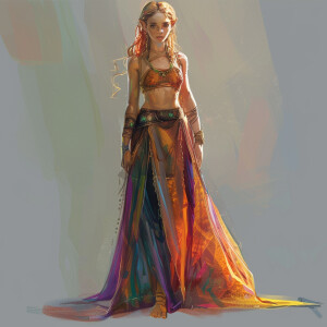 Illustrate a vibrant young elven woman dressed in a graceful ens...