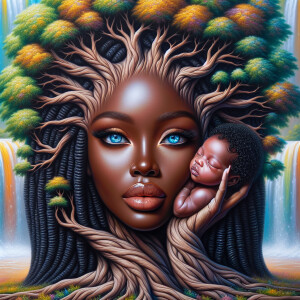 Create a close-up, hyper-realistic 3-D oil painting of a tree wi...