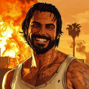 White muscular thin man with beard, big chin, smile and cheekbon...