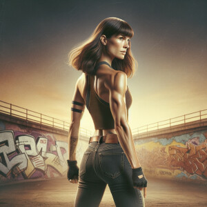 Athletic Thin skinny Attractive, Asian teenage girl, long brown hair and bangs, wearing tight skinny jeans and a halter top paint marks on her clothing, heroic pose Asian graffiti background, backside view