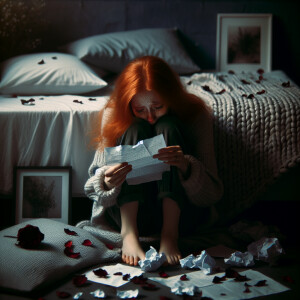 A redhead girl is sitting on a bed going through a tough breakup