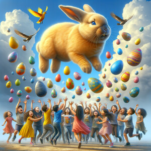 Airbrush style: A flying colorful Big furry yellow rabbit flying...