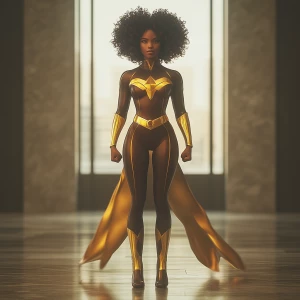 Capture a wide camera angle of a superheroine standing in an emp...