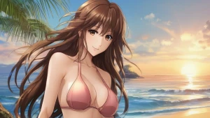 A young woman with long brown hair wearing a micro bikini.