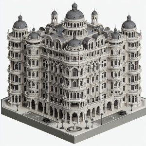 Design a luxurious four-story hotel with a classic facade, featu...