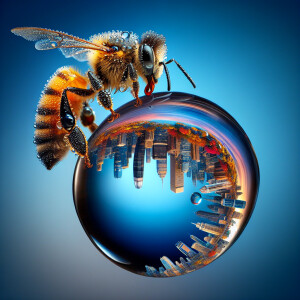A stunning macro photograph of a bee carrying a drop of water co...