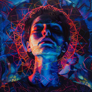 A head on portrait of a woman against a detailed mandala pattern...