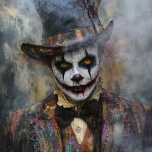 macabre demonic clown with bright white face bold black dripping...