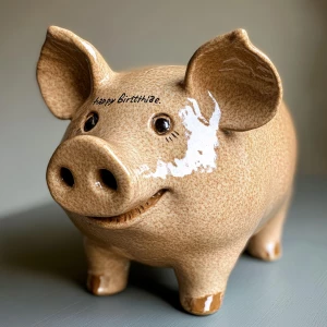 please make a realistic corky pig . a ceramic piggy bank with a...