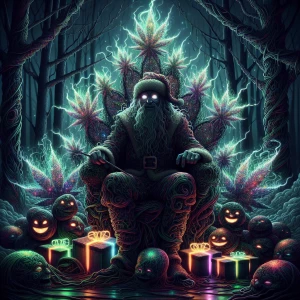 In a hazy, psychedelic forest, a sinister Santa figure sits atop...
