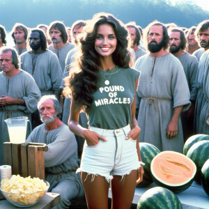 create a film snapshot from 1972 of dozens of dour men standing...