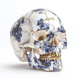 Hyper-realistic 3D rendering of a fragmented human skull crafted...