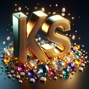 Create a 3-D realistic image with the letters  K.S. in gold raised letters , Add diamonds and colorful jewels