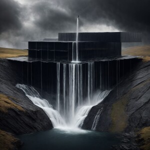 Create a design for a floating waterfall fountain featuring segm...