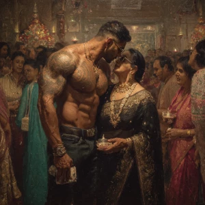 Realism,photo painting.a muscular beefy sweaty tattoed indian ma...