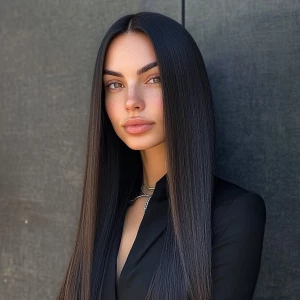 a woman, look to the camera, long sleek straight Hairstyle, smoo...