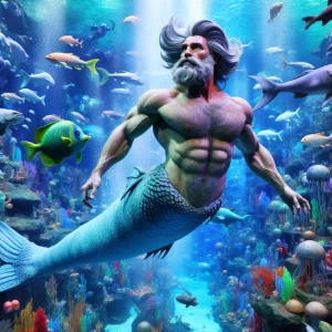 Create an image of a muscular merman with gray hair, a hairy che...