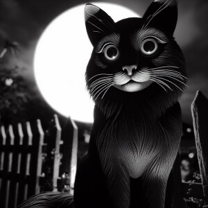 Beautiful realistic black cat with big eyes, sitting on a fence...
