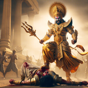 portrait of angry looking, indian goddess trampling a defeated mahishasur with her foot, while he is lying on the ground, she has a trident in her hand. She is wearing gold armor, a huge gold crown, gold saree, abundant  gold jewelry, covered in blood. The scene is set in ancient India. The image is 8K resolution, cinematic, photography, ultra detailed face and epic.