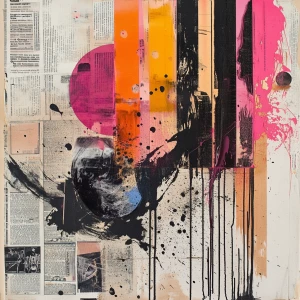 Dadaist typographic collage with newspapers, ink splashes and ab...
