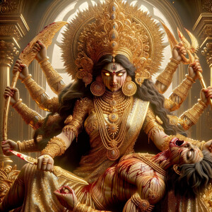 portrait of angry looking goddess durga sitting on a gold crown and carrying a weak mahishasur on her lap and stabbing him with her amazingly long fingernails. She is wearing gold armor, a huge gold crown, gold saree, abundant  gold jewelry, covered in blood. The scene is set in ancient India. The image is 8K resolution, photography, cinematic, ultra detailed face and epic