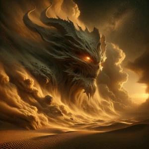A massive sandstorm twisting into the form of a mythical desert...