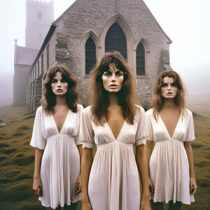 Create a color film photograph from 1962 of exactly three stunni...