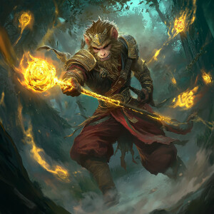 Create Wukong, the Monkey King, wielding a glowing golden staff...