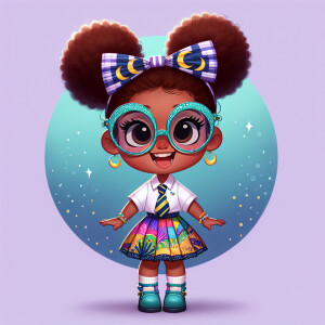 A chibi-style image of an African American 3-year-old girl, stan...