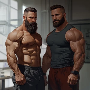 bodybuilder men stand side by side. Both have thick, full beards...