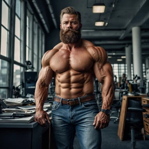 bodybuilder men stand side by side. Both have thick, full beards...