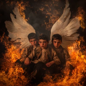 Create image of three Hebrew boys and an angel surrounded by flames but are unharmed