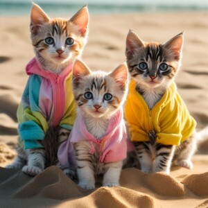 three adorable kittens standing on a sandy beach with the clear...