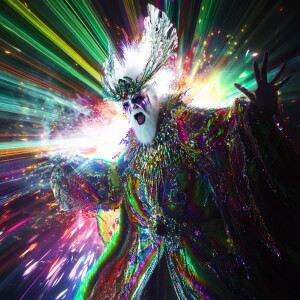 a white wizard with grotesquely elaborate clothing, with light b...