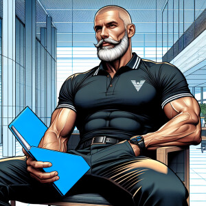 Describe the scene featuring a strong, bald man with a gray bear...