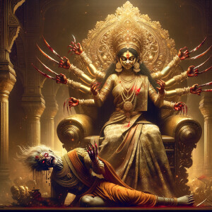 portrait of angry looking goddess durga sitting on a gold crown...