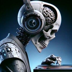 A DJ playing music on a turn table, he has a skull for a head wi...