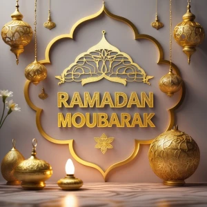 Ein Bild mit dem Text " Ramadan Moubarak" in einem orientalische...