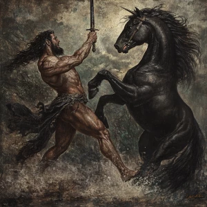 Unicorn-man fighting the black stallion