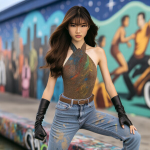 teenage girl, long brown hair and bangs, wearing tight skinny jeans and a halter top paint marks on her clothing, heroic pose Asian graffiti background, nearing on one knee