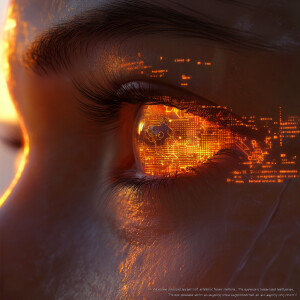 "A close-up, hyper-realistic image of an advanced futuristic hum...