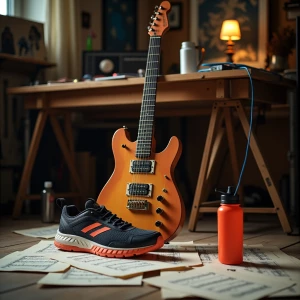 Create an image featuring a guitar leaning against a running sho...